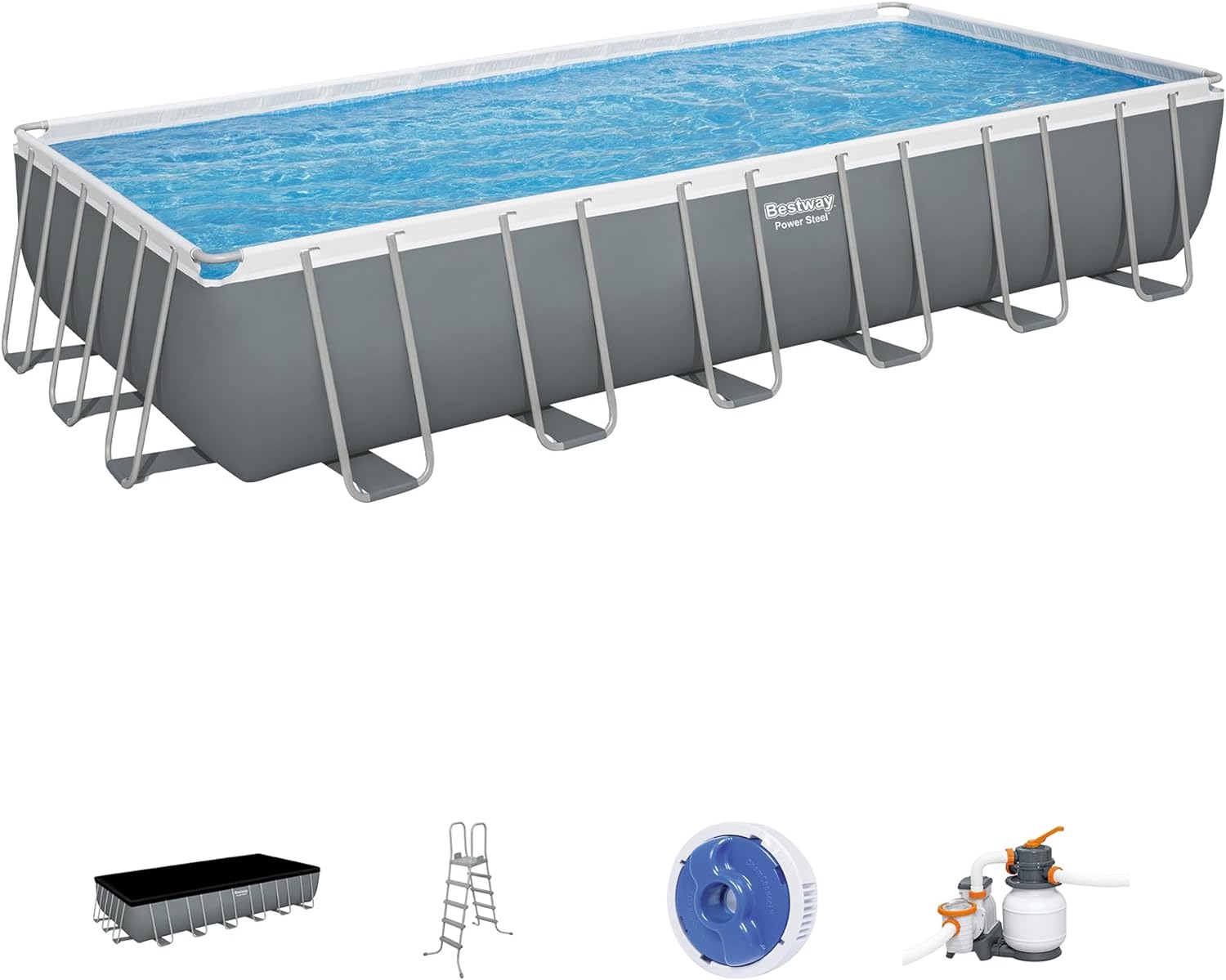 Bestway Power Steel 24 x 12 x 52 Rectangular Metal Frame Above Ground Swimming Pool Set