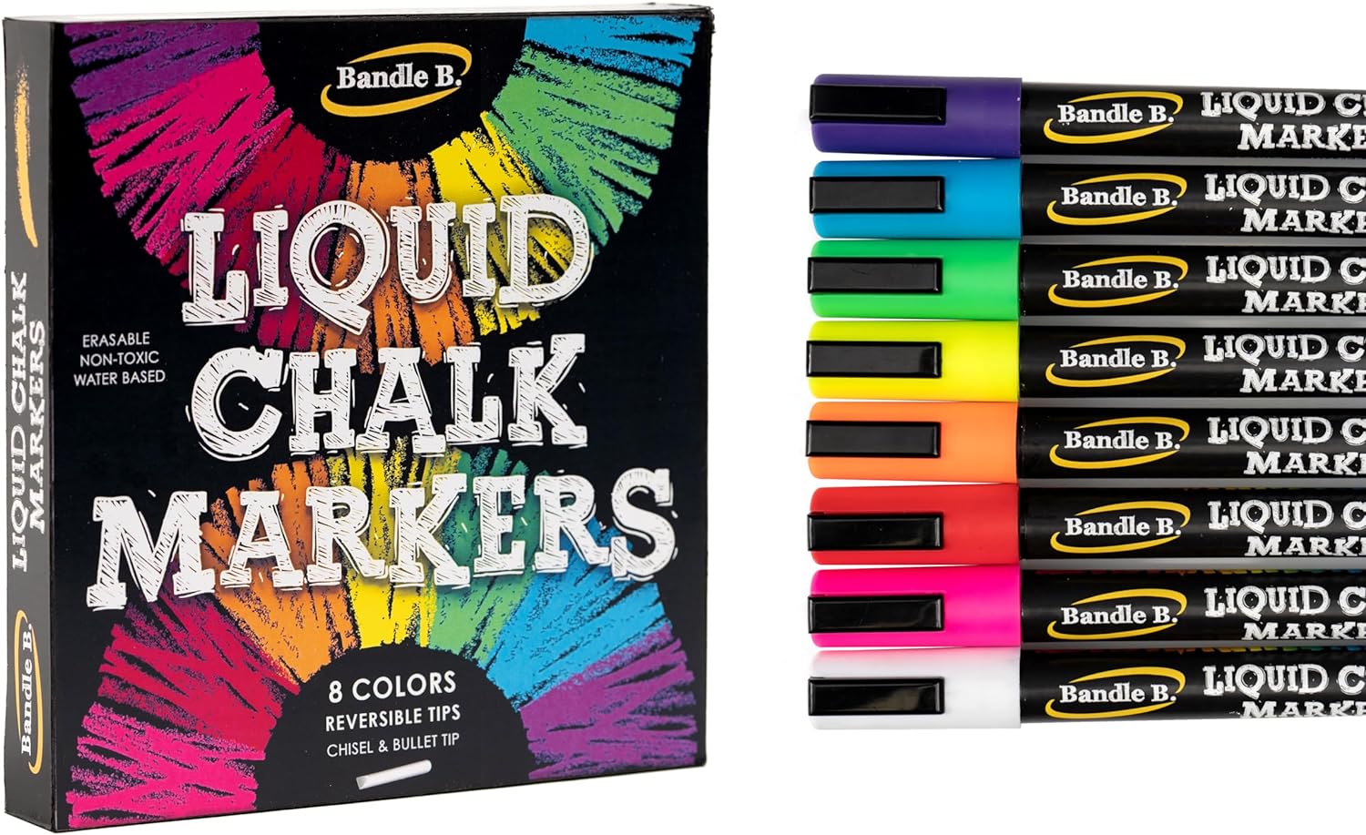 Bandle B. Chalk Markers - 8 Vibrant, Erasable, Non-Toxic, Water-Based, Reversible Tips, For Kids & Adults