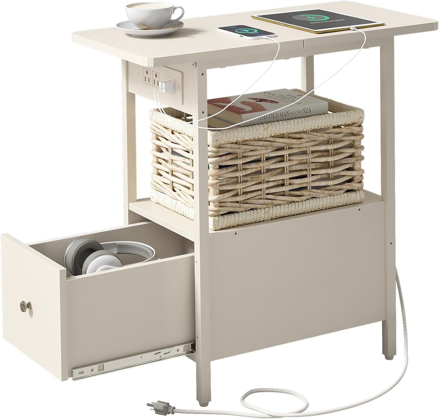 LIDYUK End Table with Charging Station, Narrow Side Table with Drawer