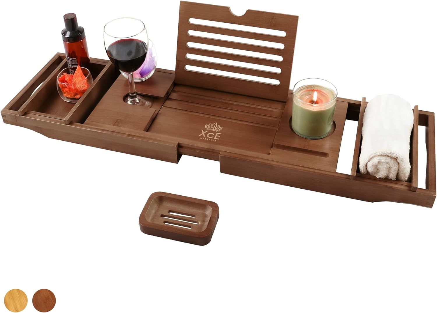 XcE Bathtub Caddy Tray Expandable to 105cm with Bamboo Book Stand and Soap Tray