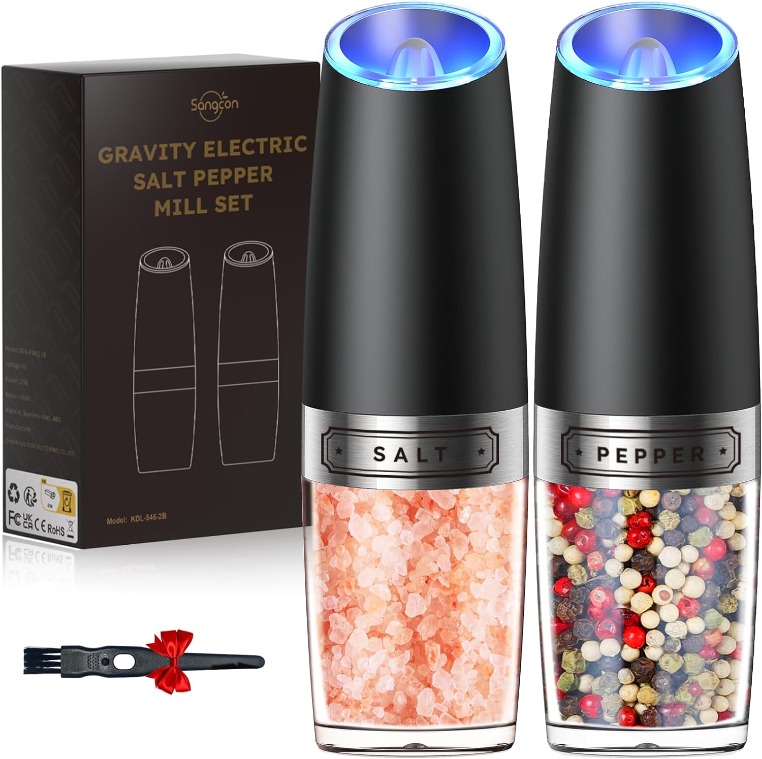 Sangcon Gravity Electric Salt and Pepper Grinder Set Automatic Shakers Mill Grinder with LED Light