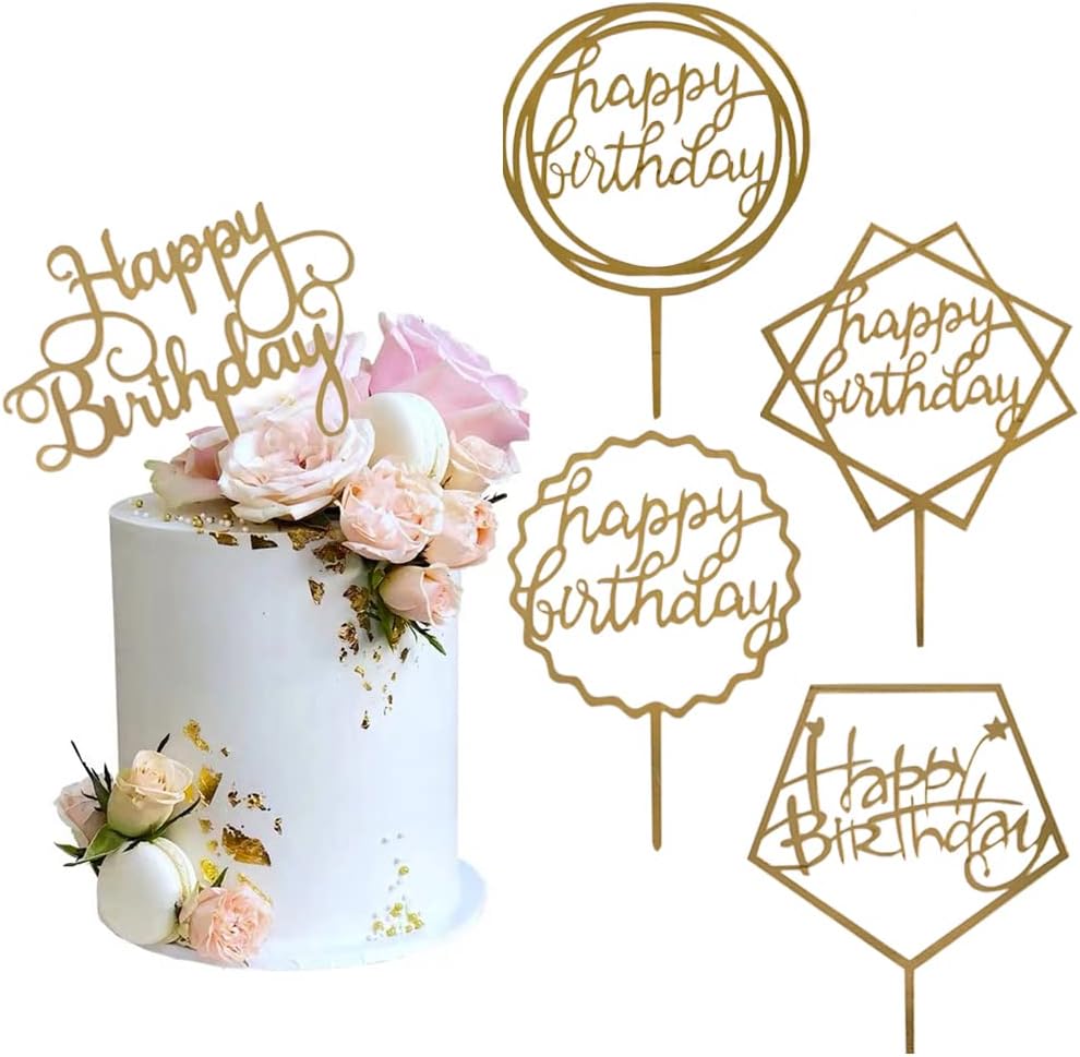 Elwish Gold Cake Topper Acrylic Happy Birthday Cake Decoration